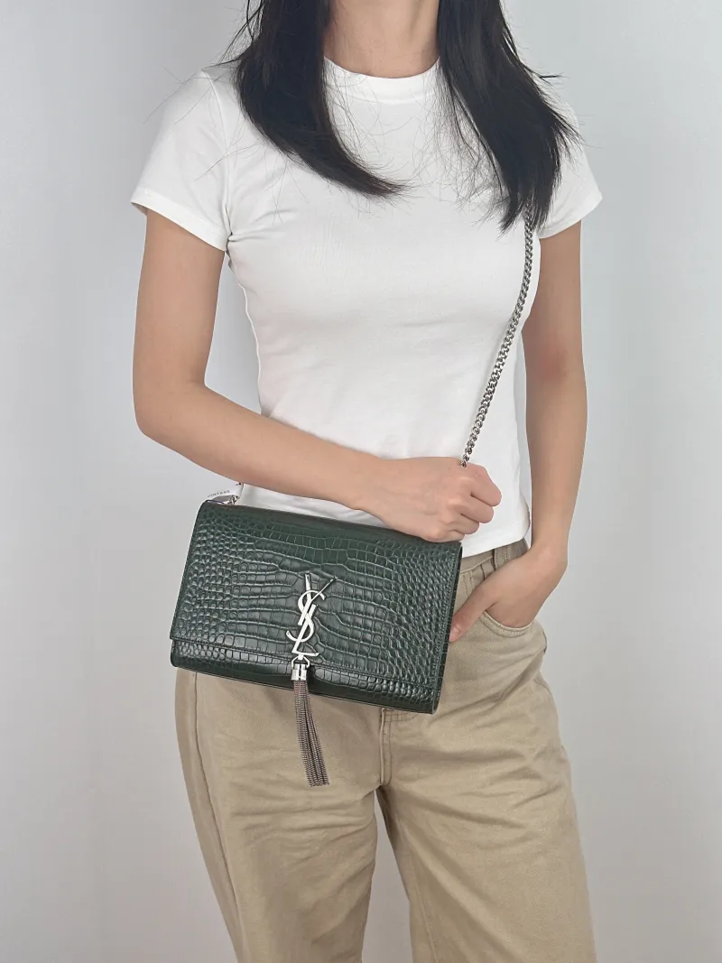 SAINT LAURENT Crossbody Bag KATE Edition Green Calfskin Medium 24 × 5.5 × 14.5 cm — on-model view 1 of 2
