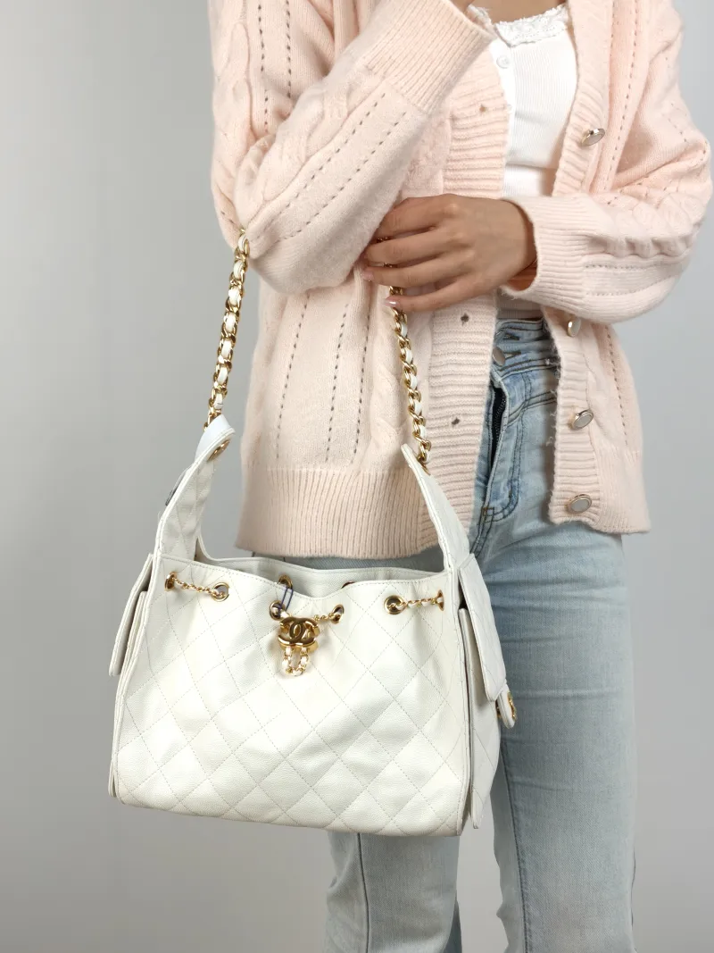Chanel Shoulder Bag 25Bag White Grained Calfskin Small 26 × 14 × 30 cm — on-model view 1 of 2