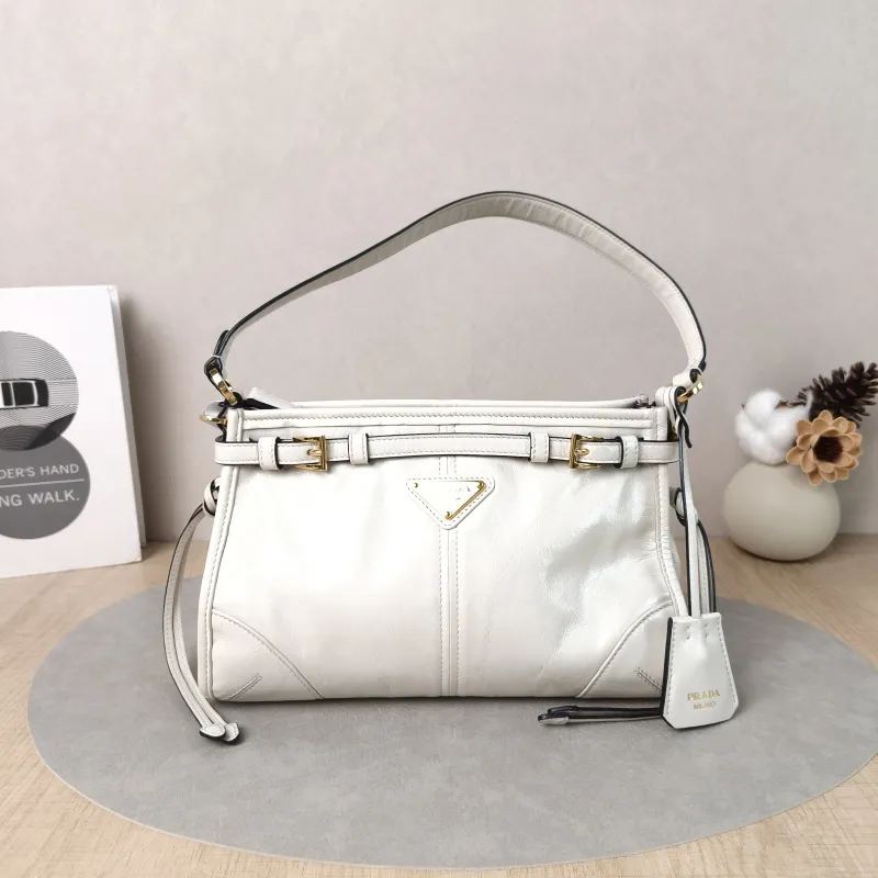 PRADA Shoulder Bag Bonnie Shoulder Bag White Waxed Leather Calfskin Small26 × 10 × 17 cm