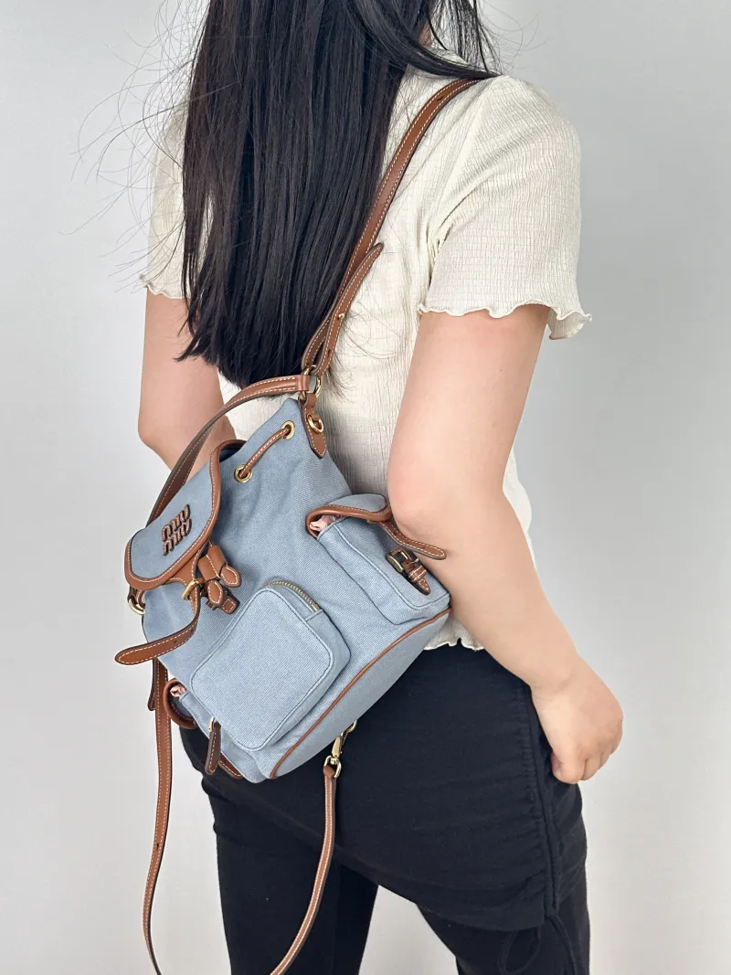 Miumiu Backpack Blue Brown Canvas One Size18 × 11 × 21 cm — on-model view 2 of 2