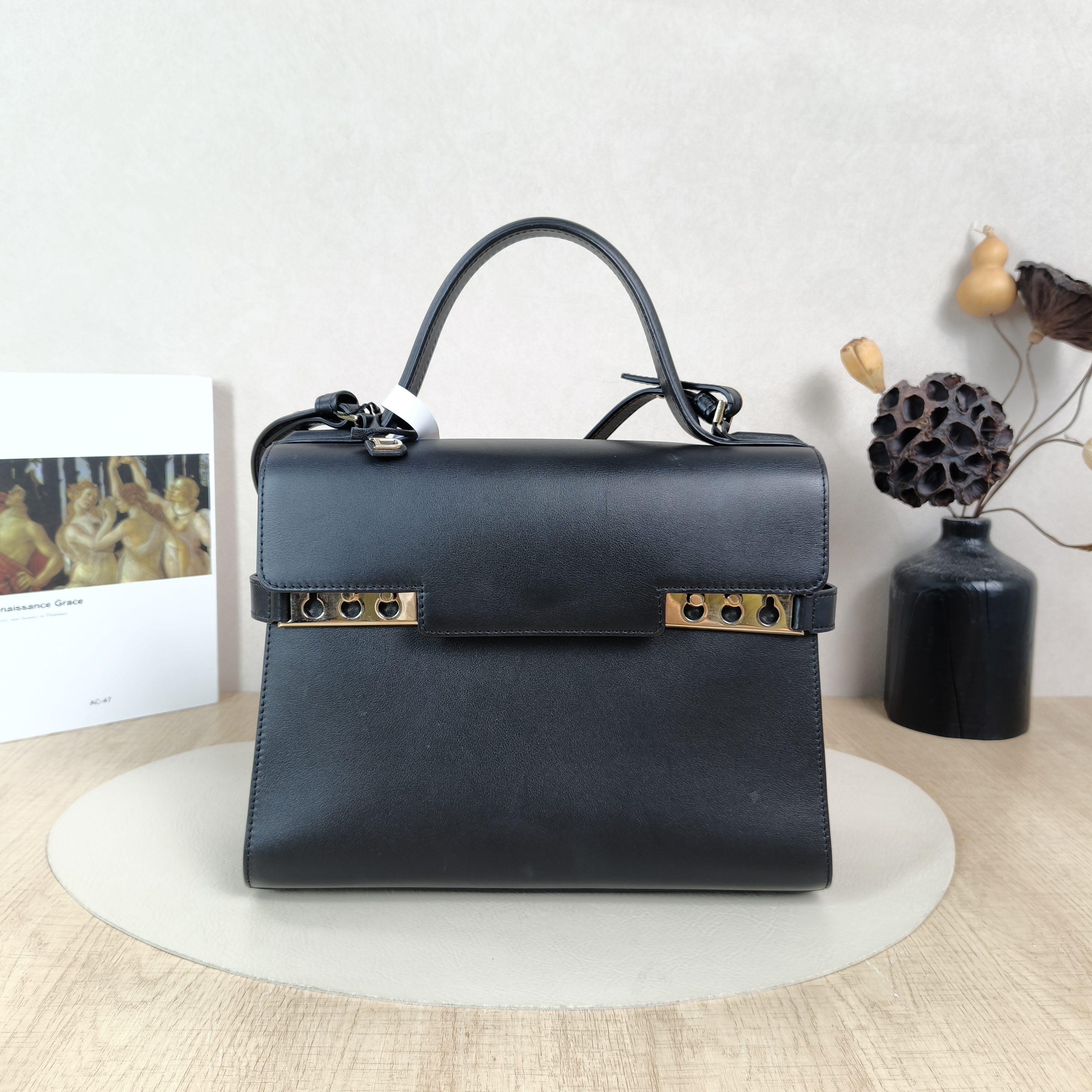 DELVAUX Crossbody Bag Tempete Top Handle Bag Black Calfskin Medium27.5 × 9 × 23 cm