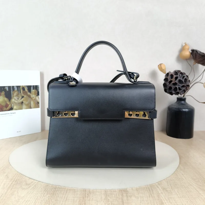 DELVAUX Crossbody Bag Tempete Top Handle Bag Black Calfskin Medium27.5 × 9 × 23 cm