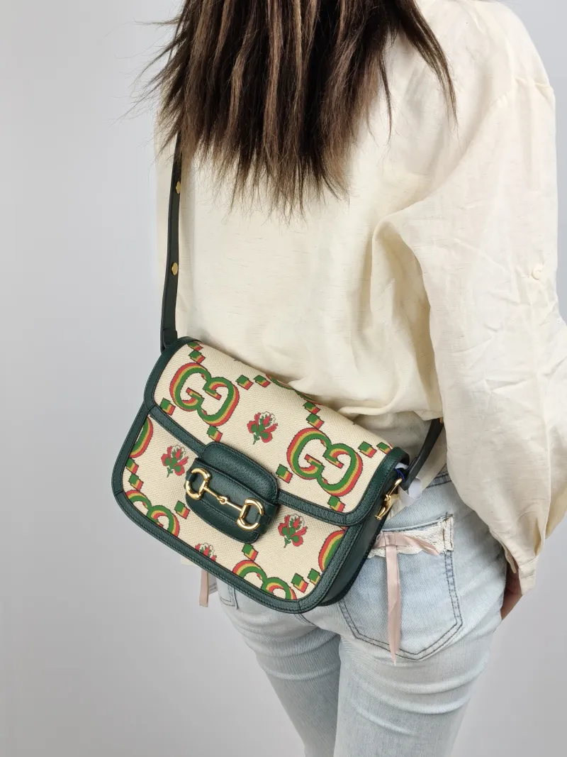 GUCCI Crossbody Bag Horsebit 1955 Horsebit Medium Colorblock Canvas Medium 25 × 8 × 18 cm — on-model view 2 of 2