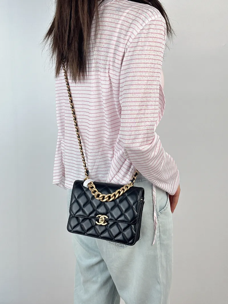 Chanel Crossbody Bag Crossbody Bag Black Lambskin One Size19.5 × 4 × 14.5 cm — on-model view 1 of 3