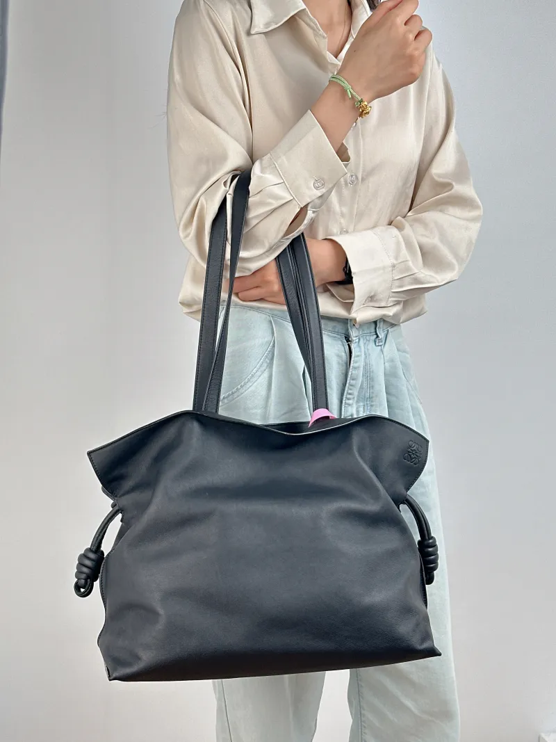 LOEWE Shoulder Bag Flamenco Black Calfskin Large 38 × 14 × 29 cm — on-model view 1 of 2
