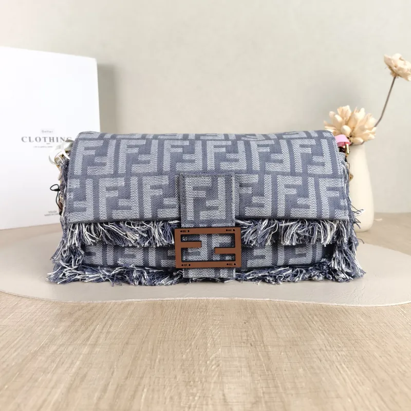 FENDI Crossbody Bag Baguette Baguette Bag Blue Canvas Medium 27 × 6 × 15 cm