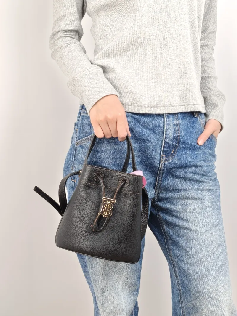 BURBERRY Crossbody Bag Bucket Bag Black Calfskin One Size 17 × 11 × 17 cm — on-model view 3 of 3