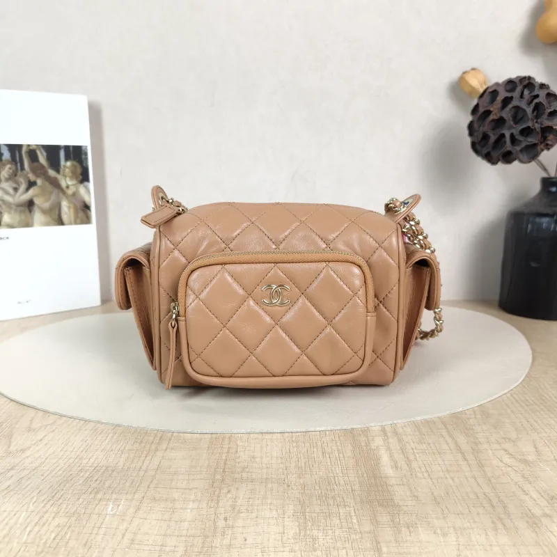 Chanel Crossbody Bag Camera Bag Taupe Lambskin One Size 18 × 9 × 12 cm