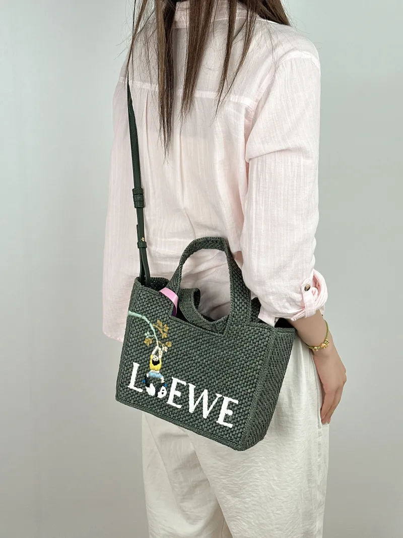 LOEWE Shoulder Bag Tote Bag Green Woven One Size 23 × 10 × 19 cm — on-model view 2 of 2