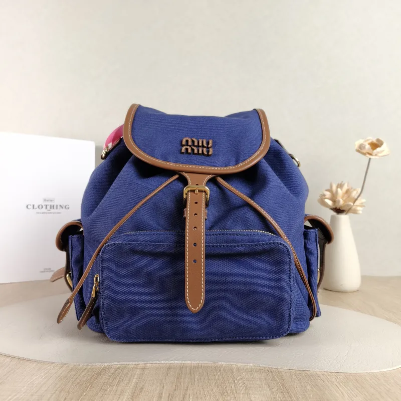 Miumiu Backpack Backpack Blue Canvas Large 25 × 12.5 × 29.5 cm
