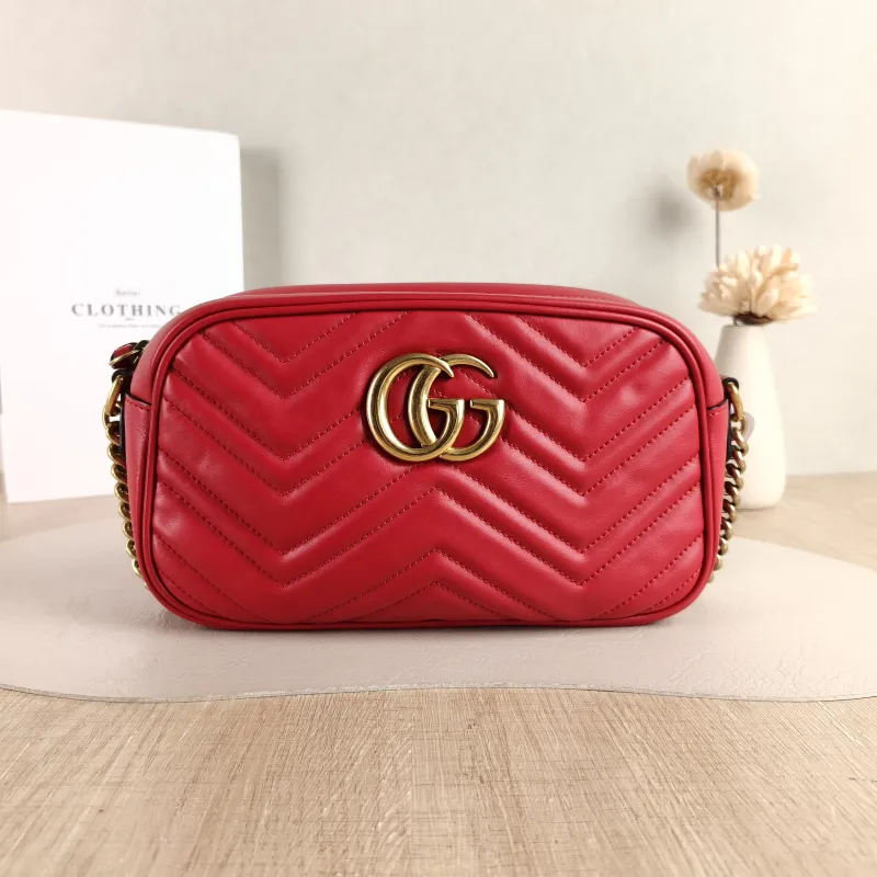 GUCCI Crossbody Bag GG Marmont Marmont Camera Bag Red Calfskin Small 24 × 7 × 13 cm
