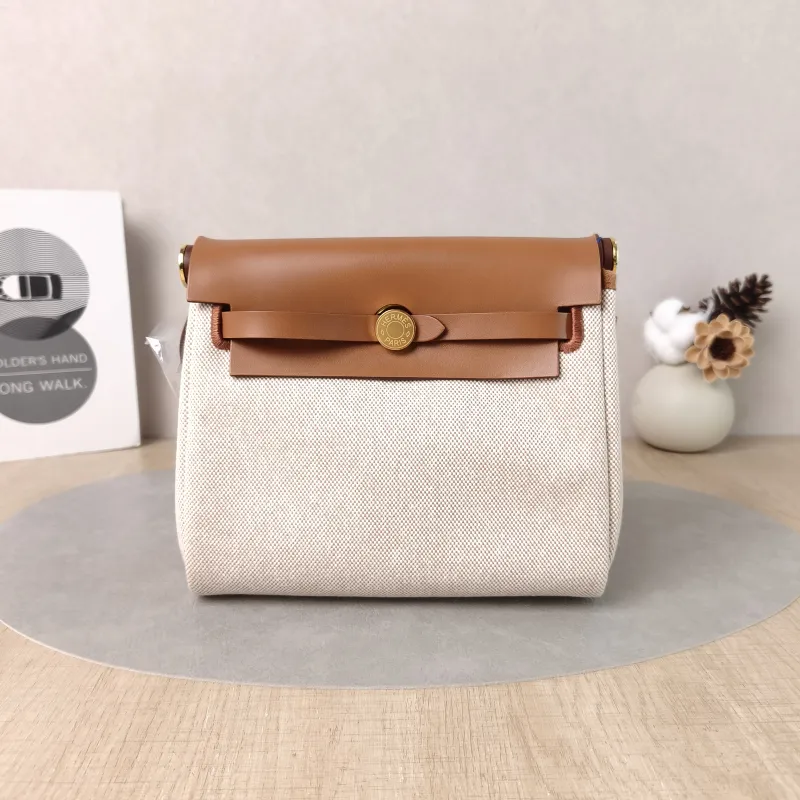 Hermès Crossbody Bag Herbag Zip 20 Beige Brown Calfskin，Canvas Mini 20.5 × 7 × 16.5 cm G