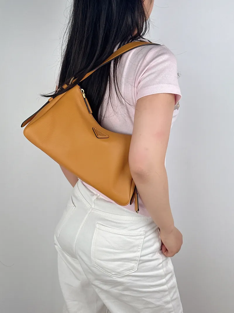 PRADA Shoulder Bag Aimée Yellow Calfskin One Size31 × 9 × 18 cm — on-model view 2 of 2