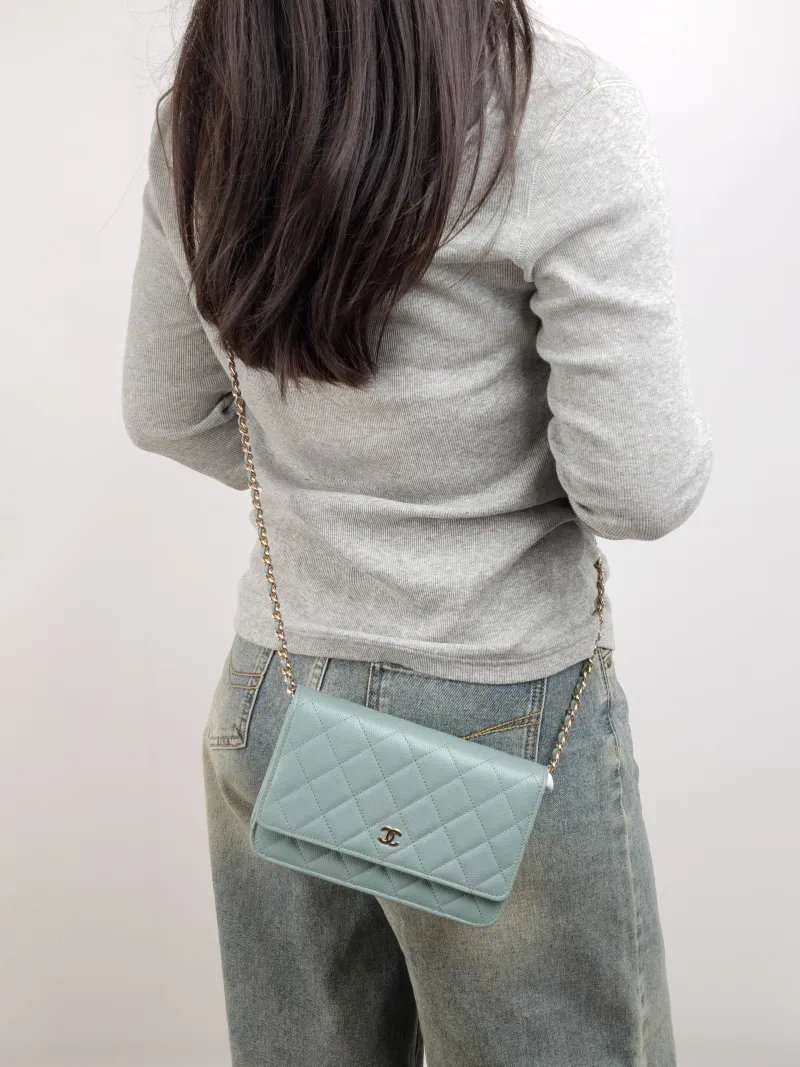 Chanel Crossbody Bag Classic Flap WOC CF WOCWOC Bag Green Grained Calfskin 19.2 × 3.5 × 12.3 cm — on-model view 1 of 2