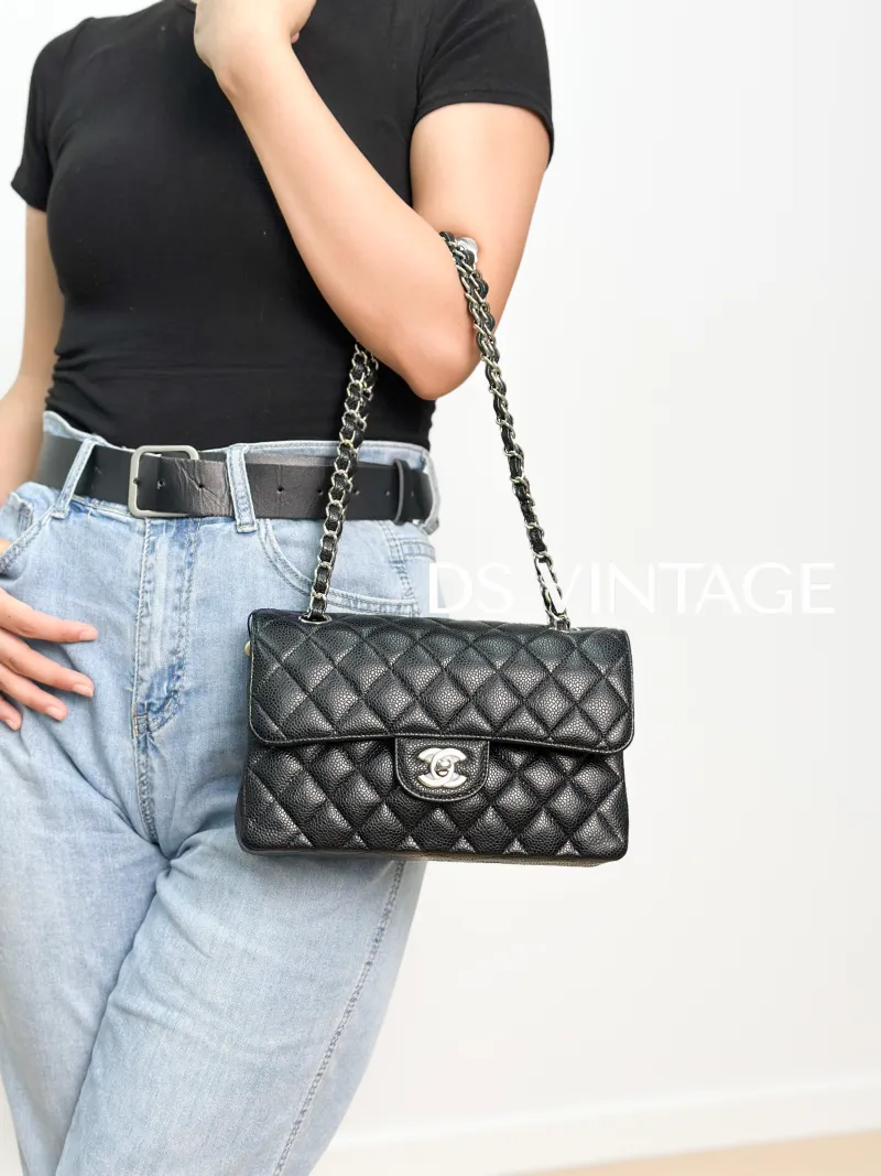 Chanel Crossbody Bag Classic Flap CF Black Grained Calfskin Small 23 × 6 × 14.5 cm Conditioned — on-model view 4 of 4