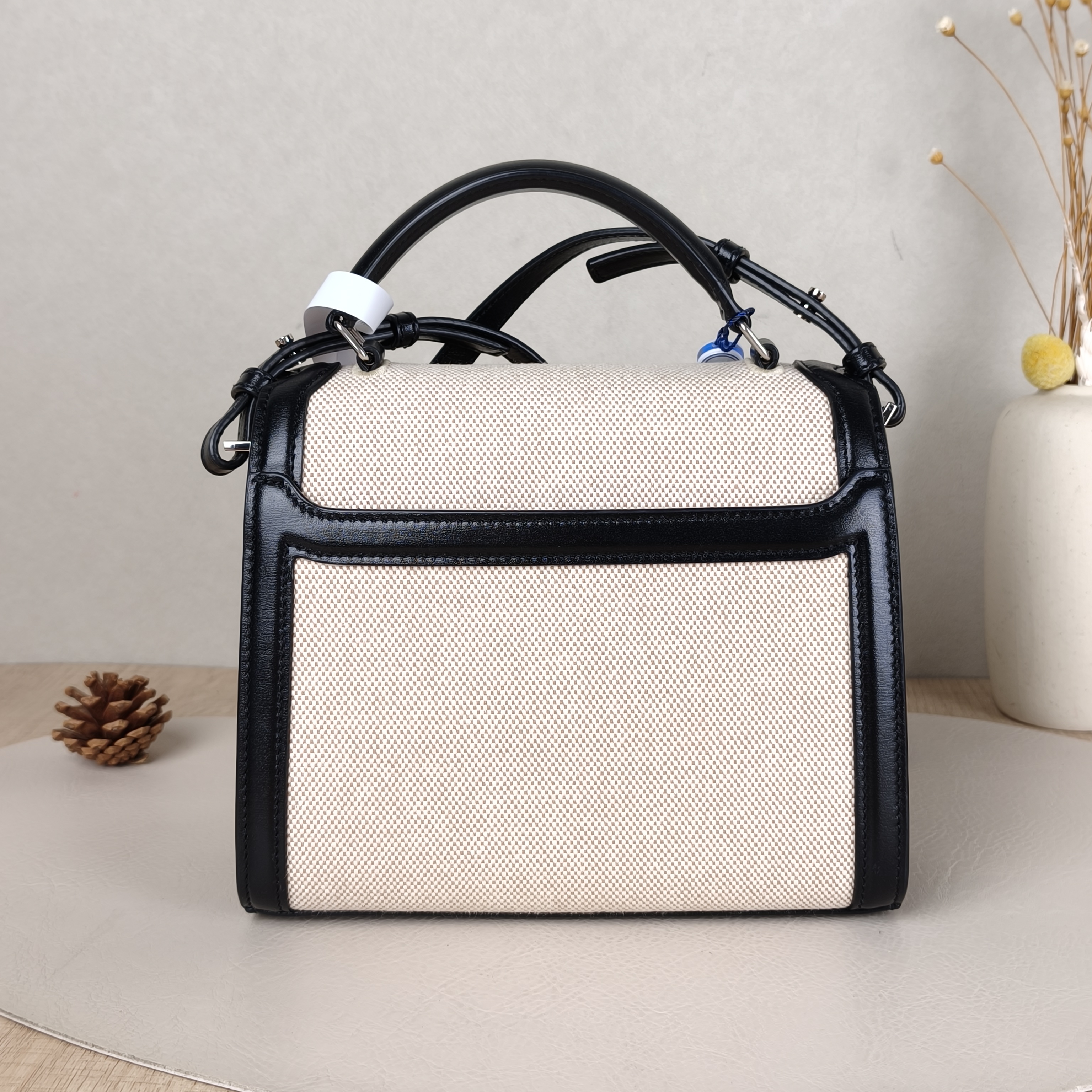 SAINT LAURENT Crossbody Bag Cassandra Shoulder Bag Beige Black Canvas, mini20 × 7.5 × 16 cm — cover view 4 of 5