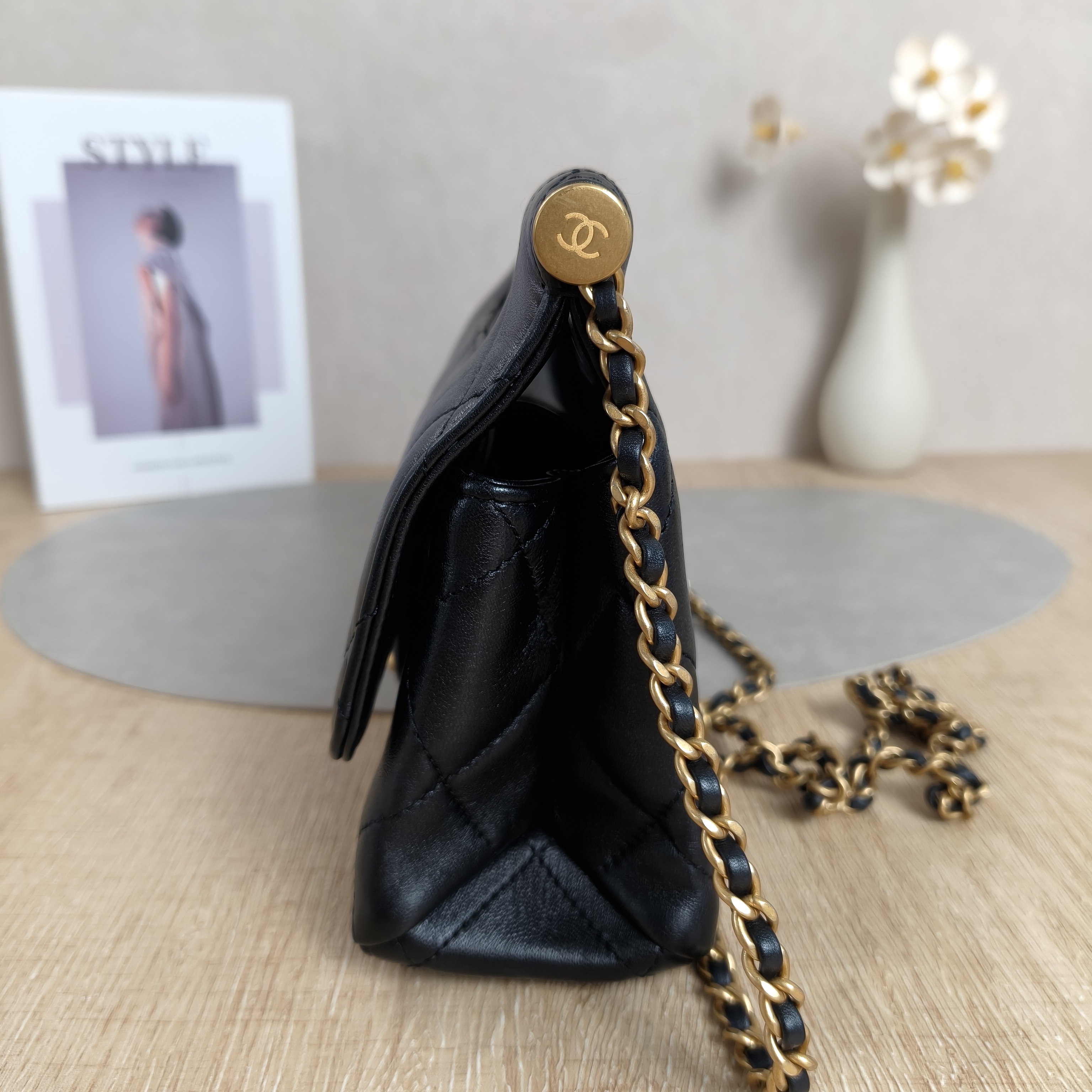 Chanel Pearl Chain Bag Black with Gold-Tone Hardware Lambskin Microchip Edition · 26 × 7 × 16 cm — cover view 3 of 10