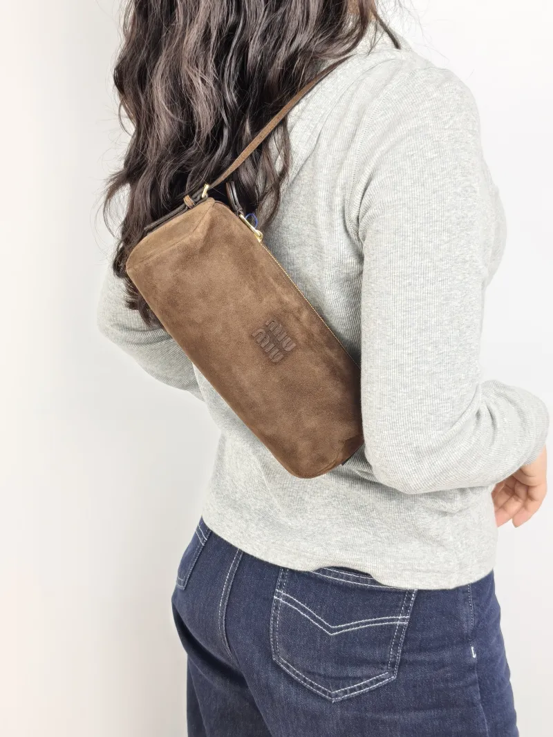Miumiu Shoulder Bag logo Brown Suede One Size 22 × 9 × 9 cm — on-model view 1 of 2