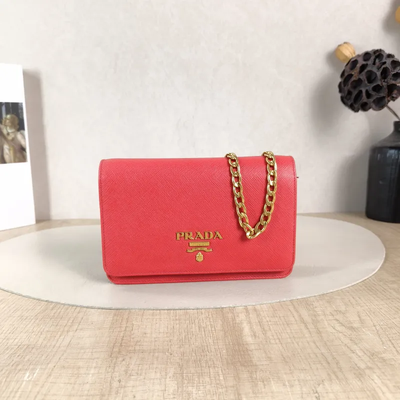 PRADA Crossbody Bag Saffiano Red Calfskin One Size 18 × 4 × 12 cm