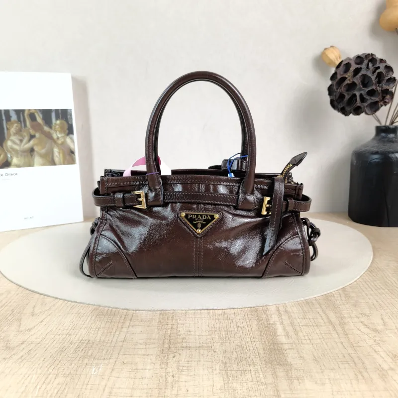 PRADA Top Handle Bag Bonnie Soft Lux Brown Waxed Leather Mini 23.5 × 9 × 12 cm