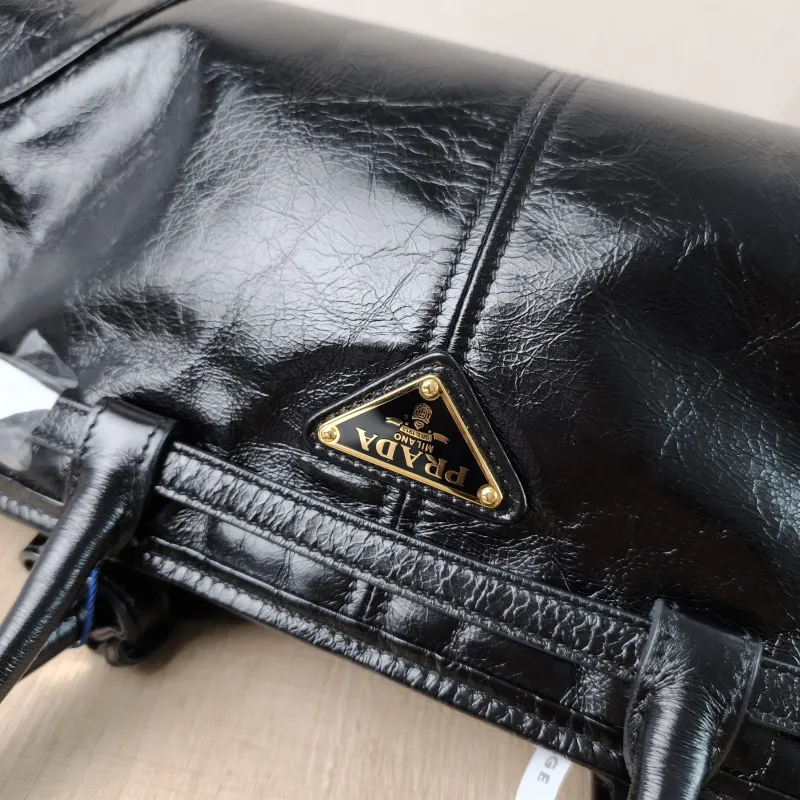 PRADA Shoulder Bag Bonnie Soft Lux Black Waxed Leather Medium 32 × 12 × 15.5 cm — detail view 6 of 13