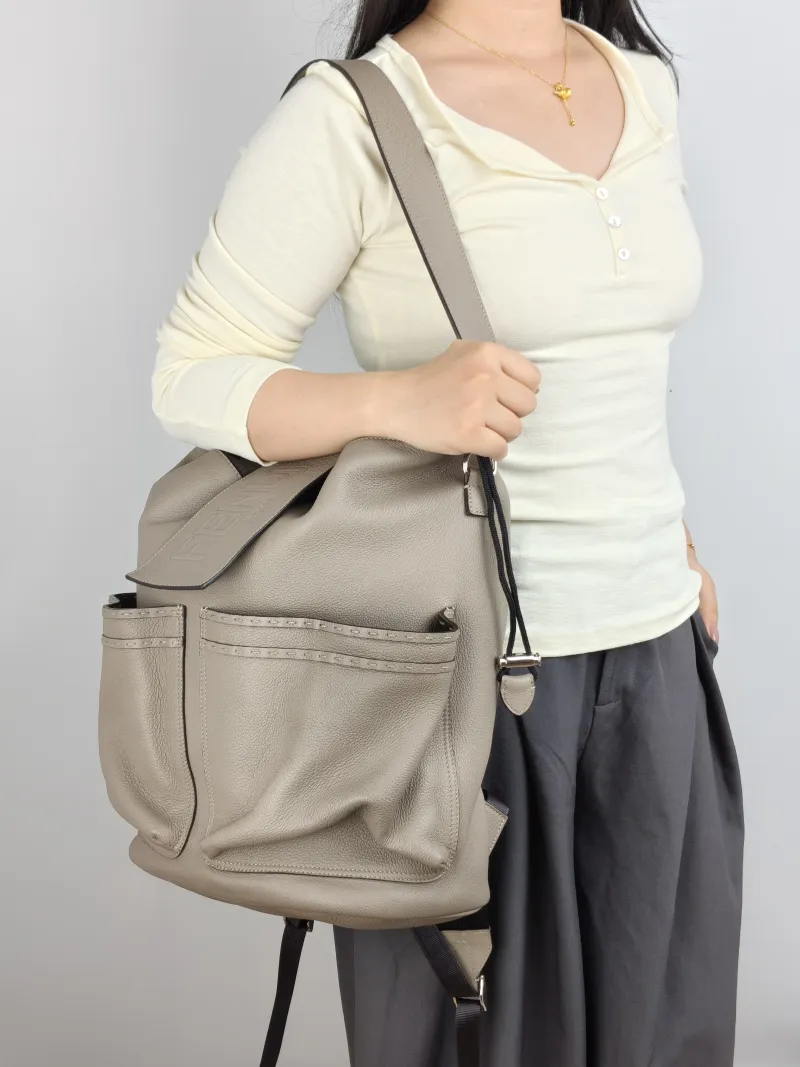 FENDI Backpack Backpack Grey Calfskin One Size 30 × 16 × 40 cm — on-model view 3 of 3