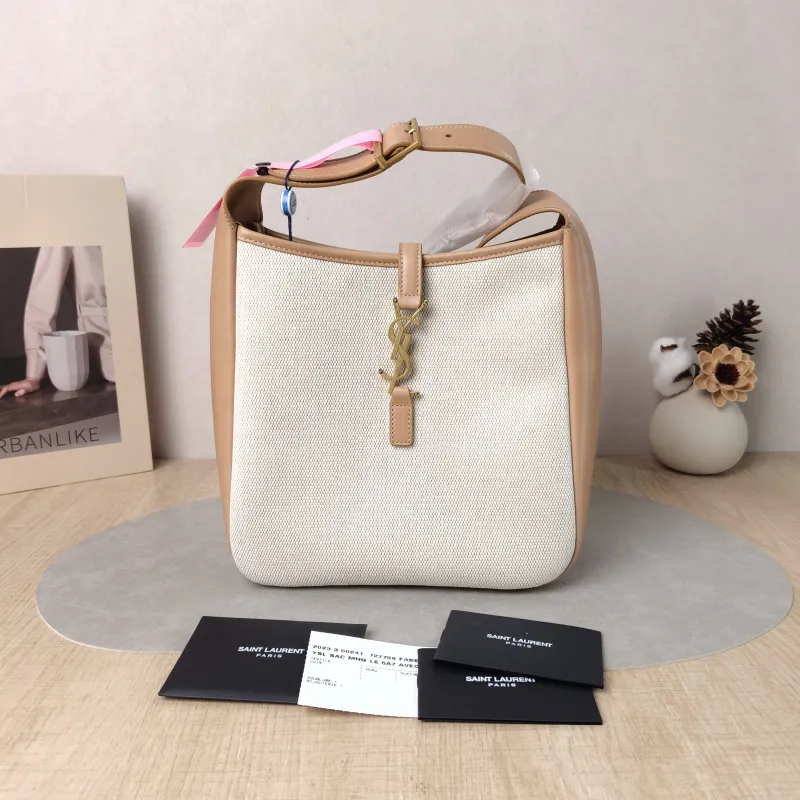 SAINT LAURENT Crossbody Bag LE 5 À 7 Hobo Inner Pouch Beige Brown Canvas Small 22.5 × 8.5 × 23 cm — cover view 3 of 6