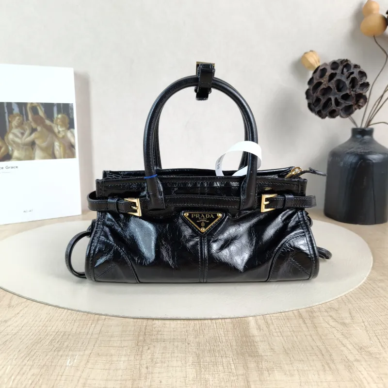 PRADA Shoulder Bag Bonnie Soft Lux Black Waxed Leather Mini 23.5 × 9 × 12 cm