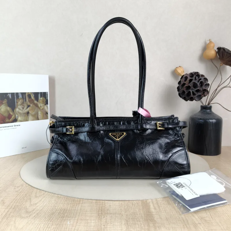 PRADA Shoulder Bag Bonnie Soft Lux Black Waxed Leather Medium 32 × 12 × 15.5 cm — cover view 3 of 6