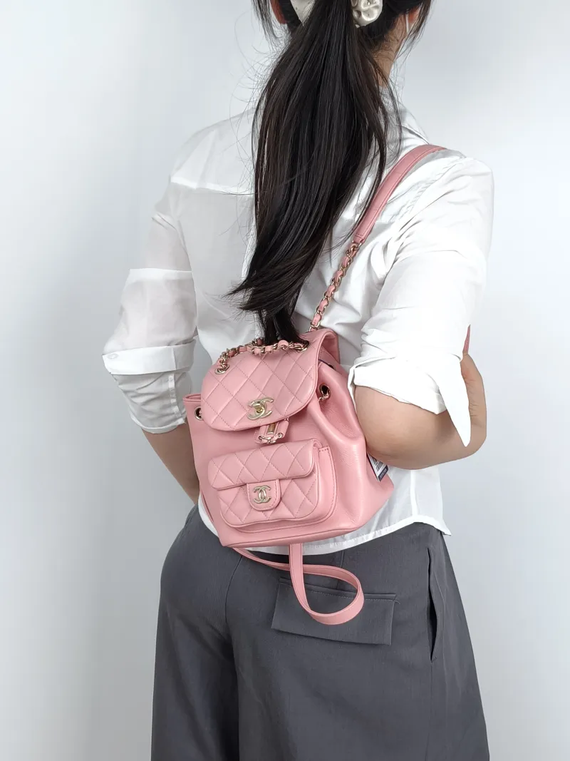 Chanel Backpack Duma Pink Calfskin Small18 × 12 × 18.5 cm — on-model view 1 of 3