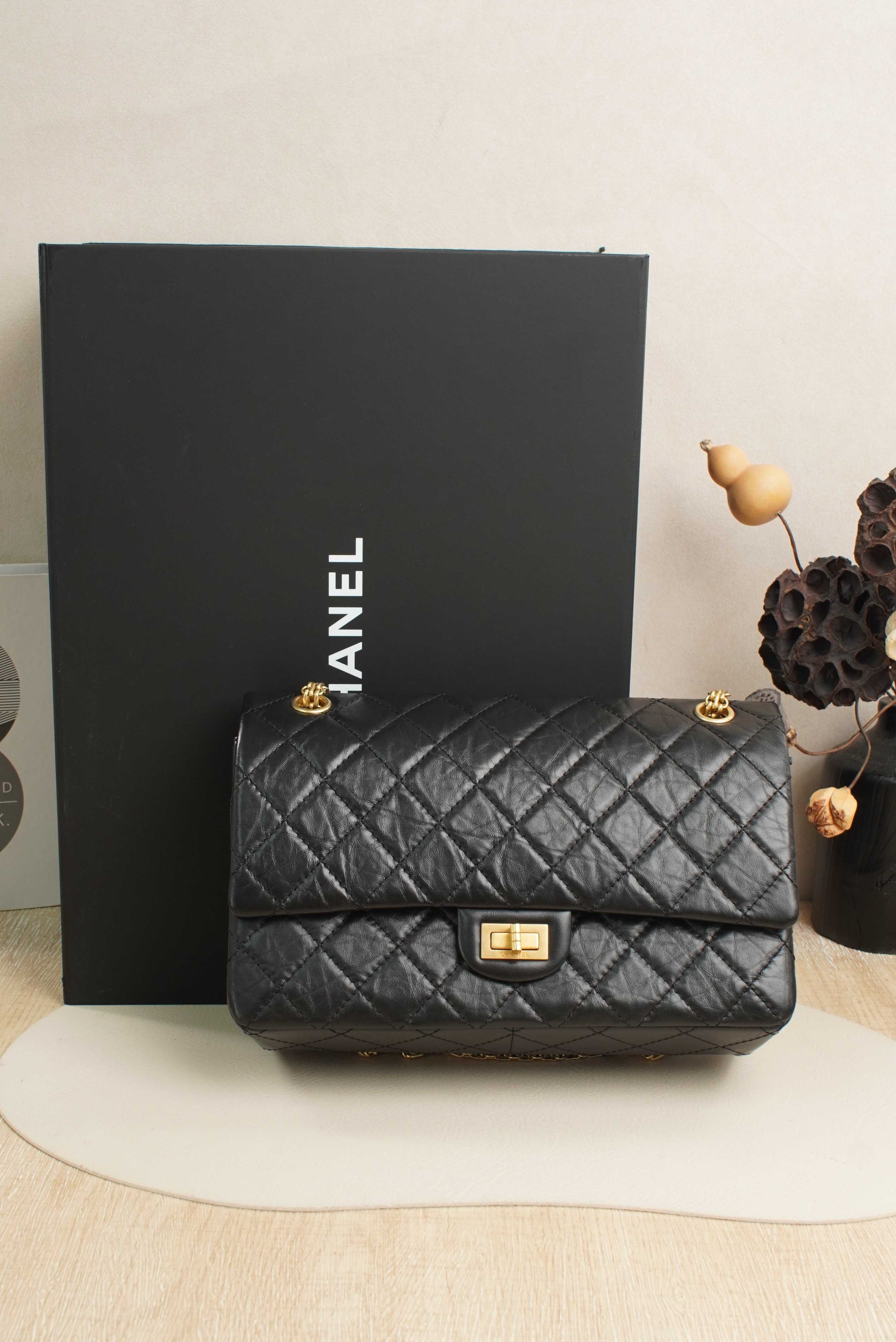 Chanel 2.55Medium Black with Gold-Tone Hardware Calfskin Microchip Edition · Box Dust Bag · 28 × 7.5 × 19.5 cm