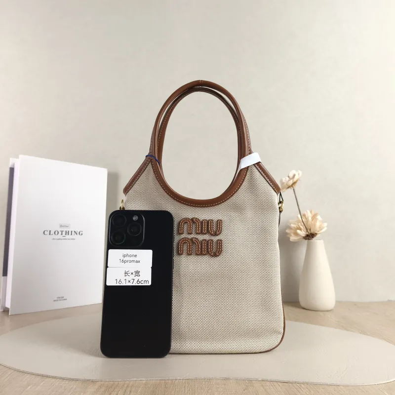 Miumiu Shoulder Bag IVY Tote Shopping Tote Beige Brown Canvas Mini 20*24 — cover view 4 of 6