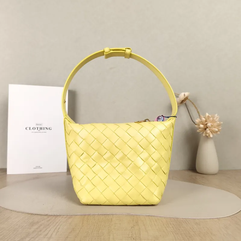 Bottega Veneta Top Handle Bag Wallace Woven Vanity Case Bag Yellow Lambskin Mini13.5 × 11.5 × 17 cm