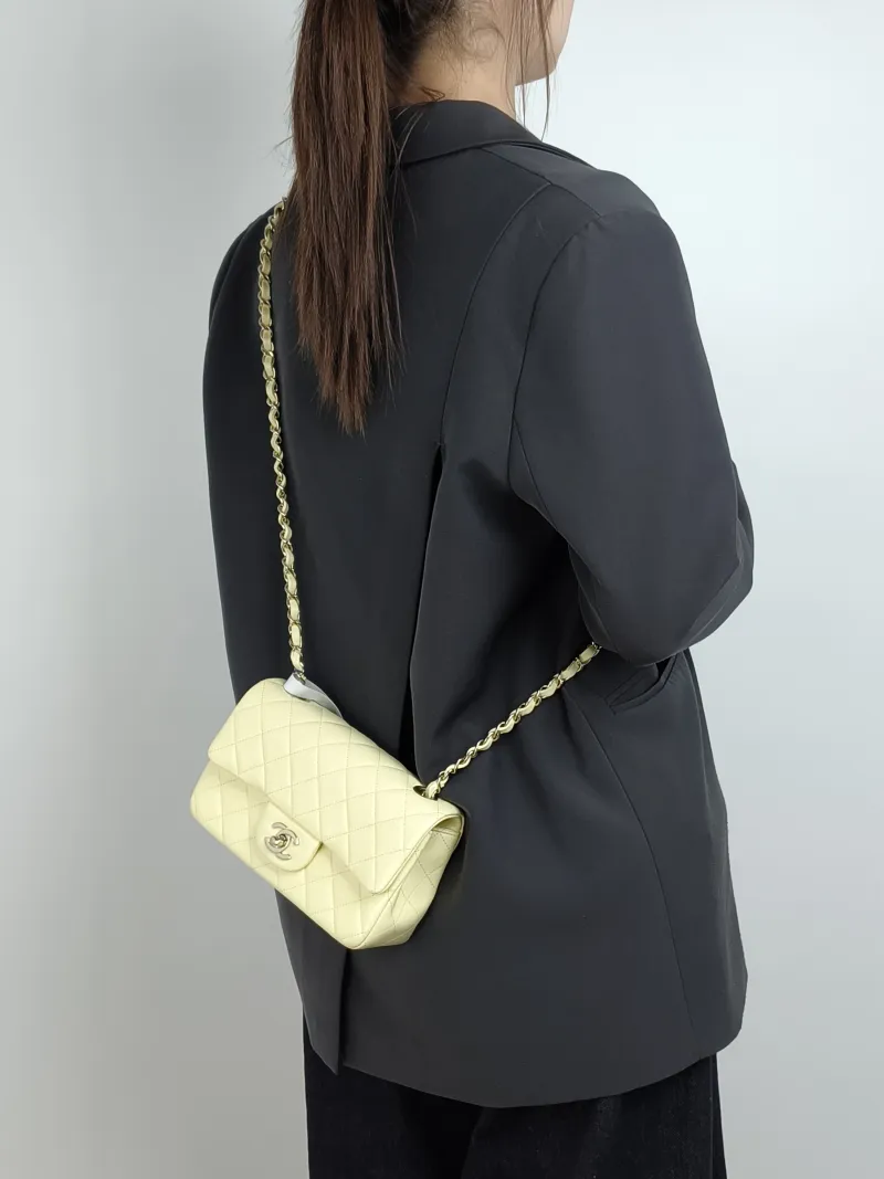 Chanel Crossbody Bag Classic Flap Large Mini CF Mini Yellow Lambskin mini 20 × 6 × 12 cm — on-model view 3 of 3
