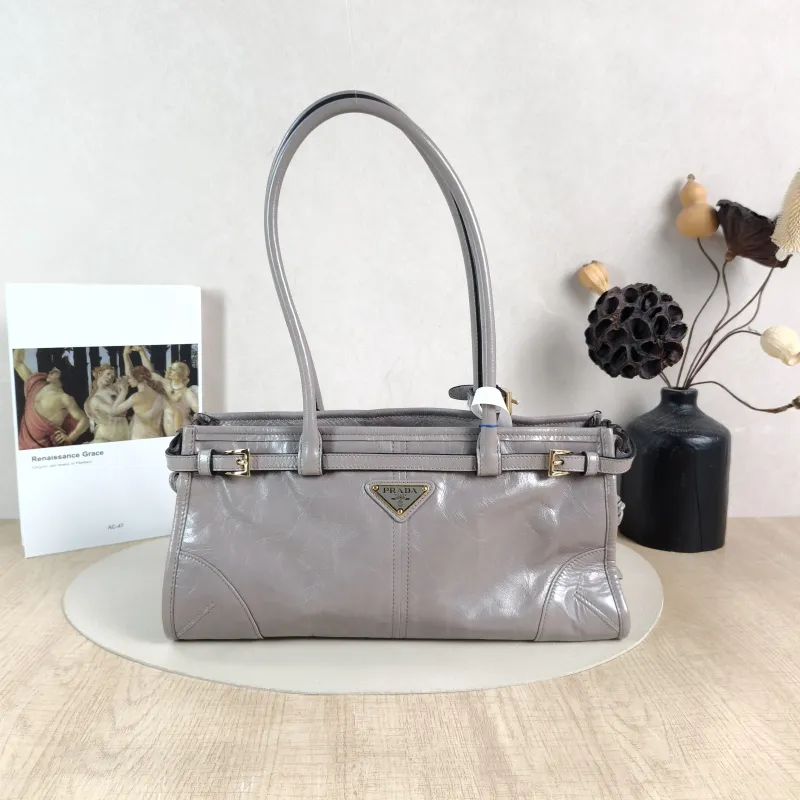 PRADA Shoulder Bag Bonnie Soft Lux Grey Waxed Leather Calfskin Medium 32 × 12 × 15.5 cm