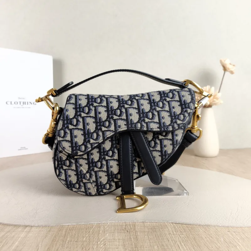 DIOR Top Handle Bag Saddle Blue Canvas Mini 19 × 6 × 15 cm