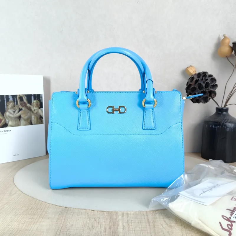 FERRAGAMO Top Handle Bag Tote Bag Blue Calfskin 27 × 14 × 21 cm — cover view 6 of 6