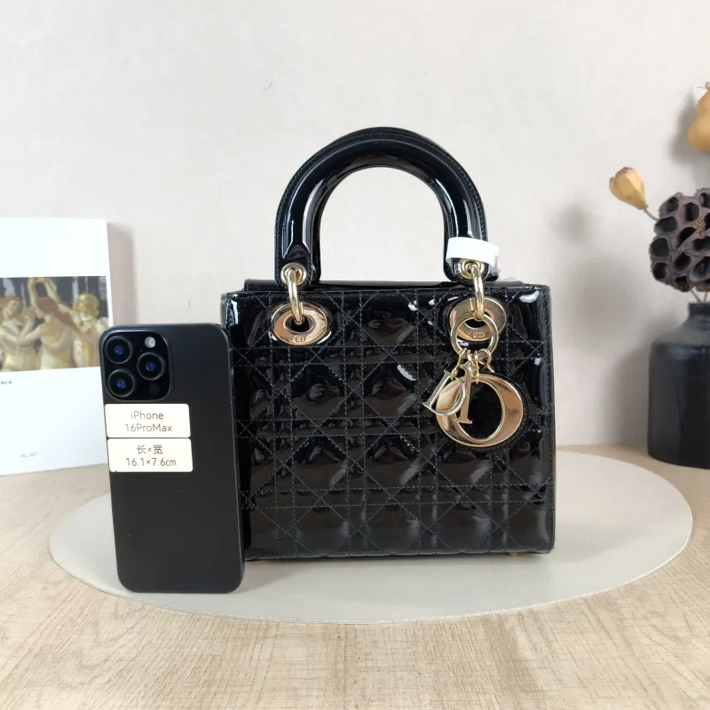 DIOR Top Handle Bag Lady Lady Dior Bag Black Leather Patent Leather Patent Small20 × 8 × 18 cm — cover view 3 of 6