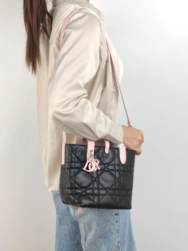 DIOR Top Handle Bag TOUJOURS Edition Black Pink Calfskin Small 18.5 × 12 × 18.5 cm — on-model view 1 of 2