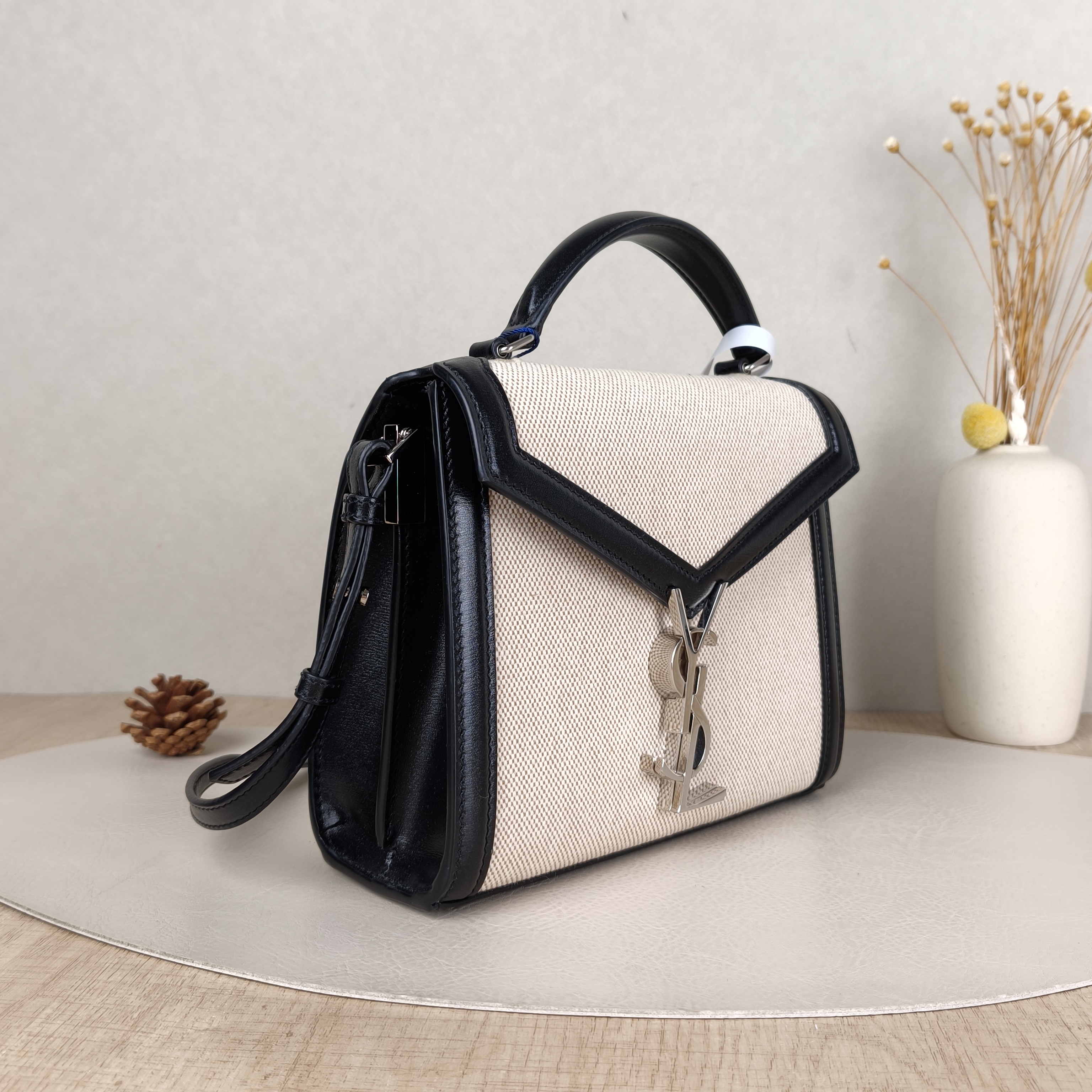 SAINT LAURENT Crossbody Bag Cassandra Shoulder Bag Beige Black Canvas, mini20 × 7.5 × 16 cm — cover view 5 of 5
