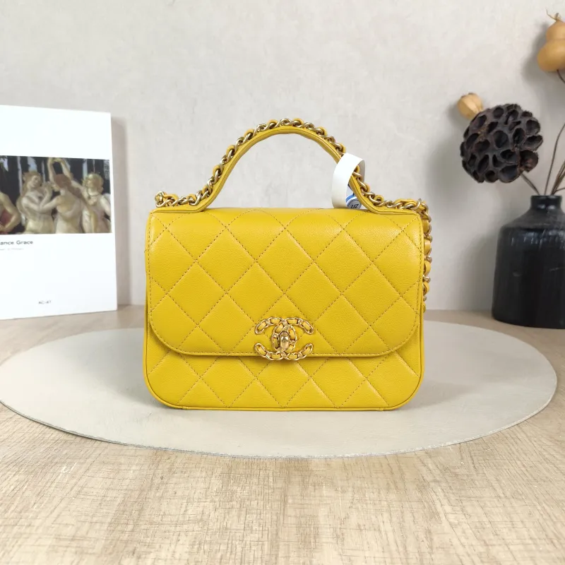Chanel Crossbody Bag Top Handle Crossbody Bag Yellow Calfskin 20 × 6 × 14 cm 28