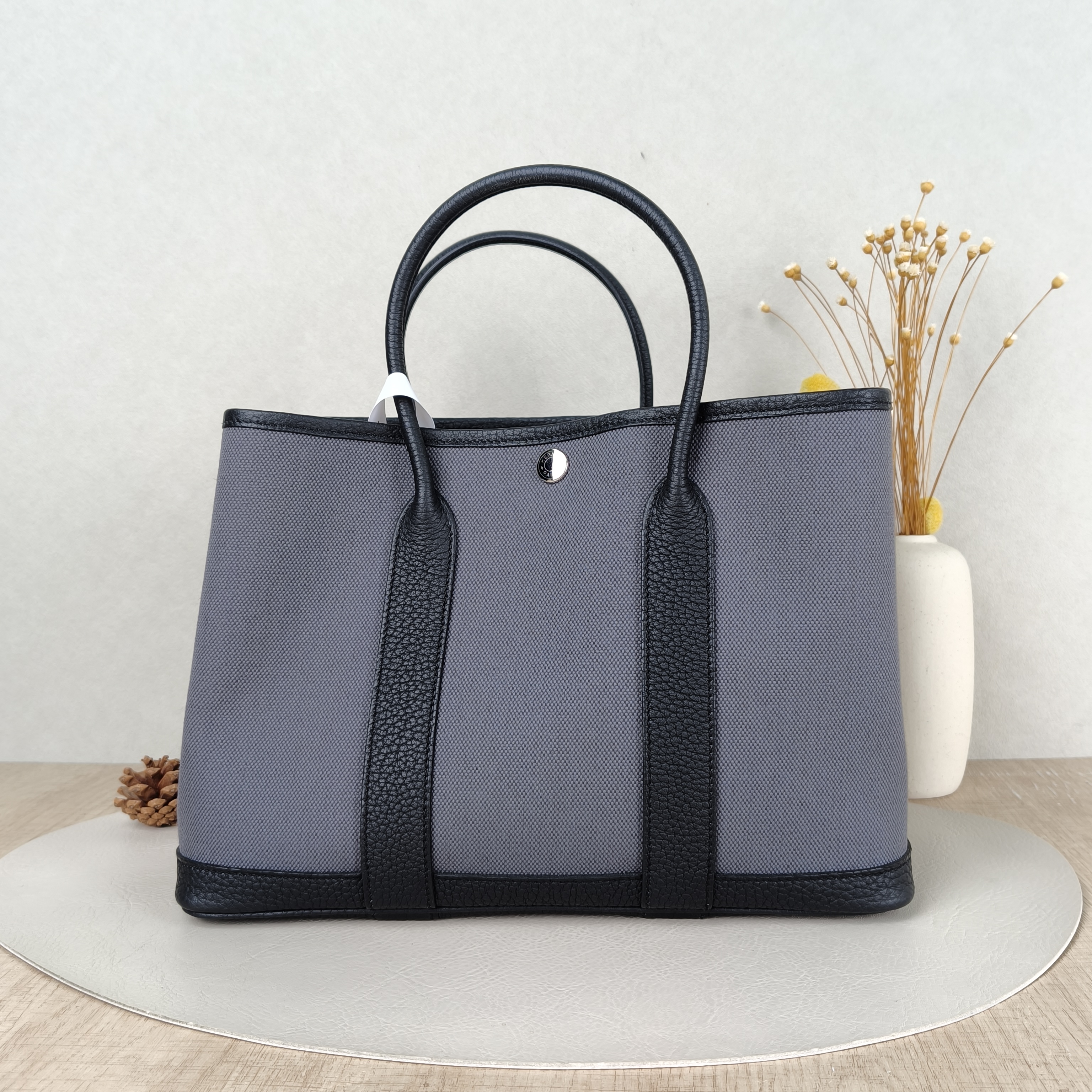 Hermès Top Handle Bag Garden Party 30 30 Grey Black Canvas Medium30 × 13 × 21 cm
