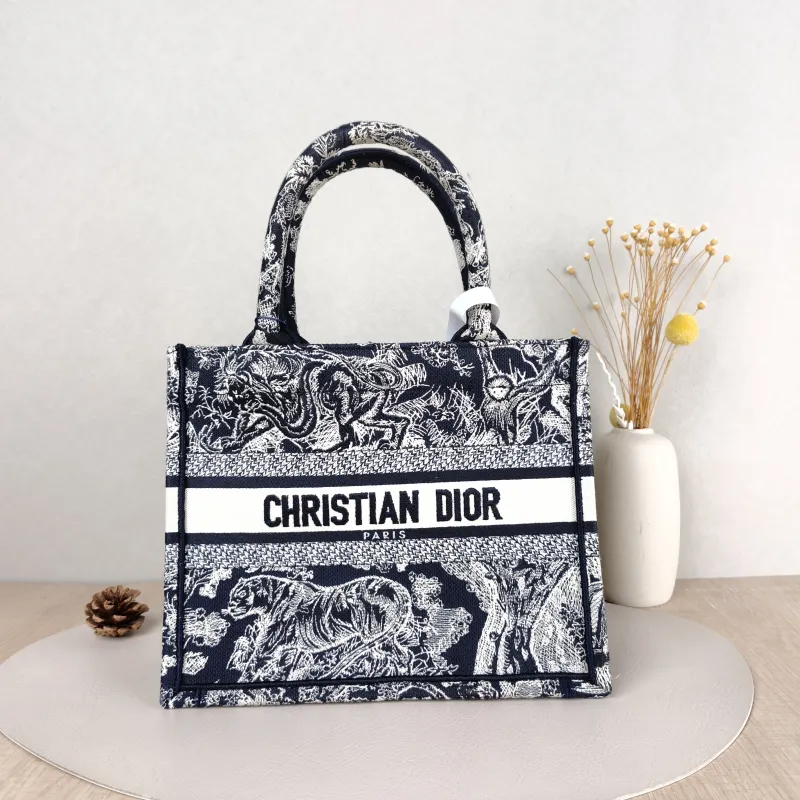 DIOR Top Handle Bag Book Tote Collection · White Blue Canvas Small26.5 × 14 × 22 cm