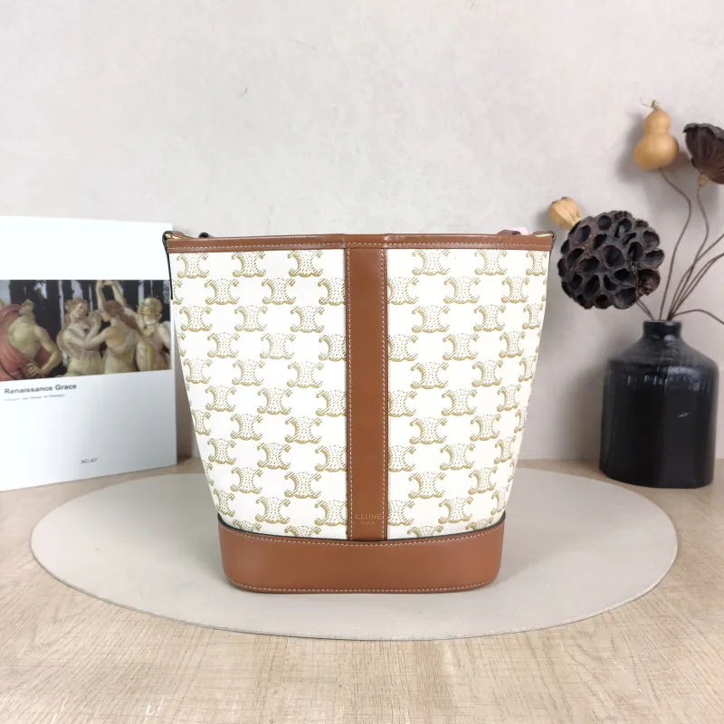 CELINE Crossbody Bag Triomphe Bucket Bag White PVC Small 22 × 13 × 26 cm