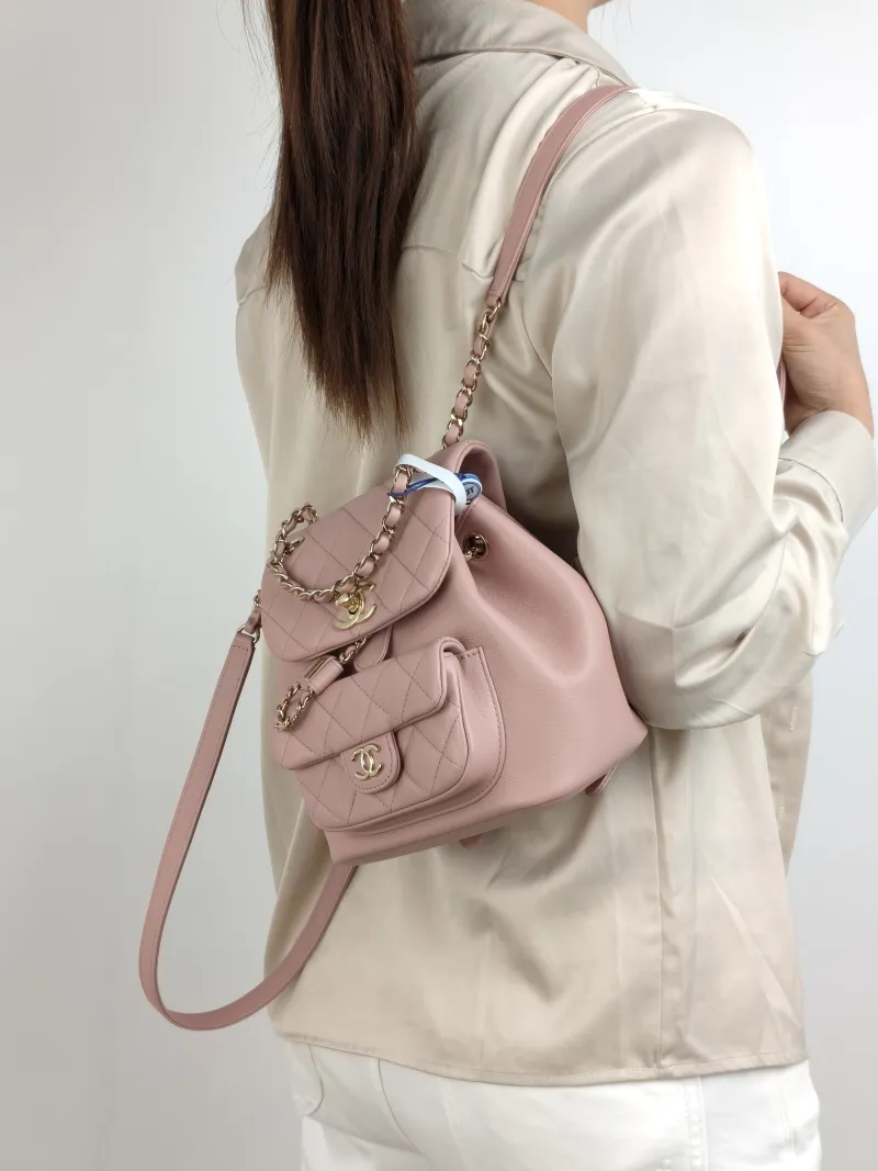 Chanel Backpack Duma Pink Calfskin Small 18 × 12 × 18.5 cm — on-model view 1 of 2