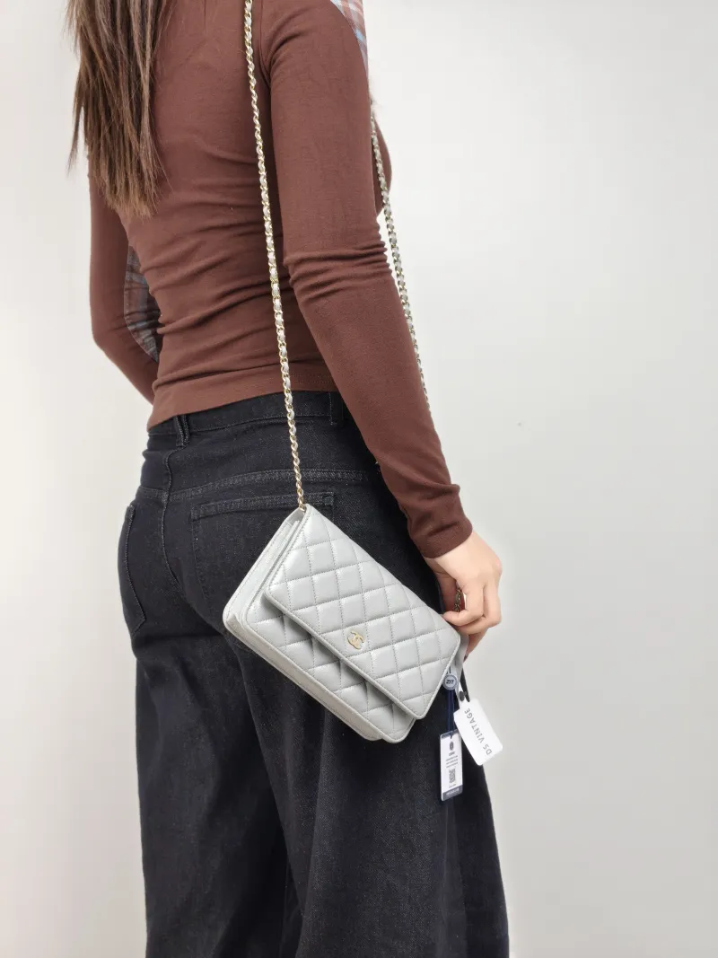 Chanel Crossbody Bag Classic Flap WOC CF WOCWOC Bag Grey Grained Calfskin Mini 19.2 × 3.5 × 12.3 cm — on-model view 1 of 2