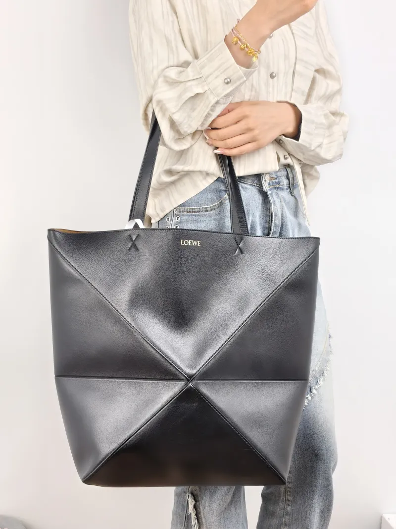 LOEWE Top Handle Bag Puzzle Fold Shopping Tote Black CC alfskin Large 42 × 41 × 18 cm — on-model view 2 of 2
