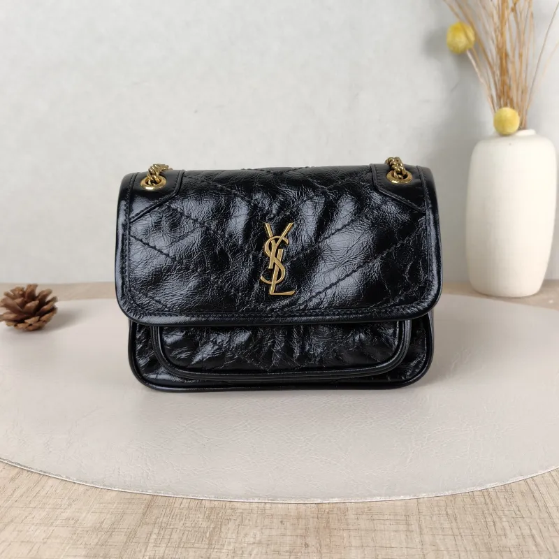 SAINT LAURENT Crossbody Bag Niki Black Waxed Leather Calfskin Mini 18 × 5 × 12.5 cm