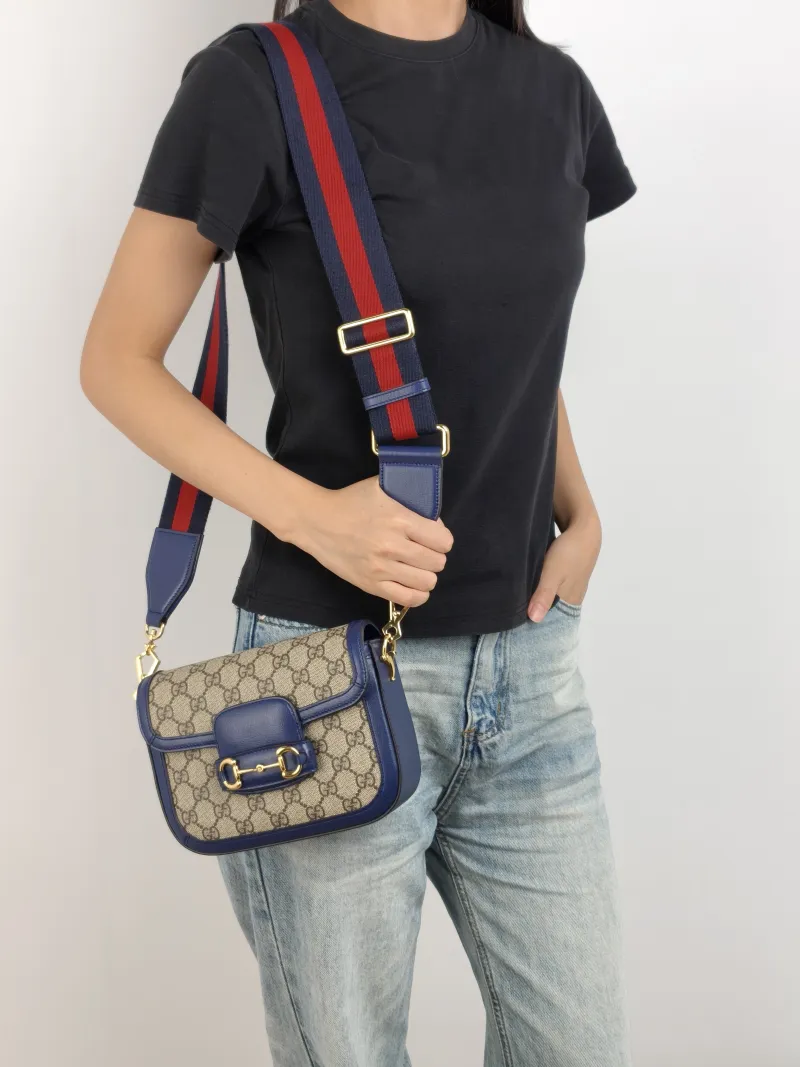 GUCCI Crossbody Bag Horsebit 1955 Horsebit Small Blue Monogram PVC Calfskin Small 20.5 × 5 × 14.5 cm — on-model view 2 of 2