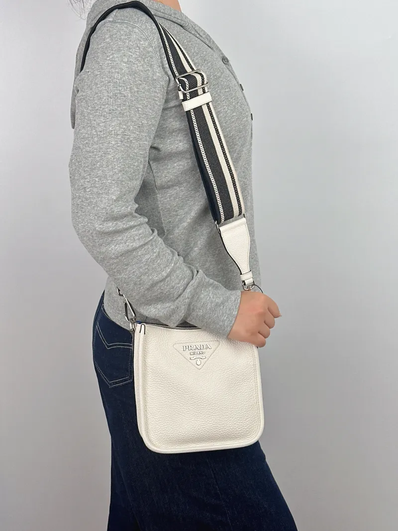 PRADA Crossbody Bag Crossbody Bag White Calfskin One Size 18 × 6.5 × 19.5 cm — on-model view 2 of 2